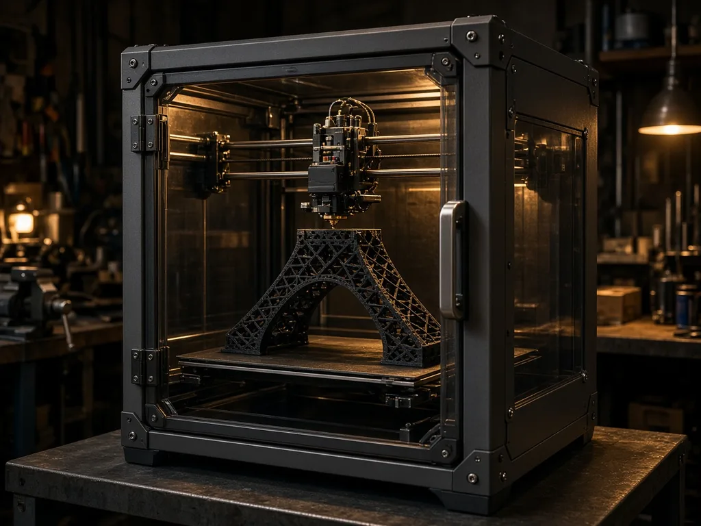 Enclosed high-temperature FDM 3D printer printing a carbon-fibre engineering part