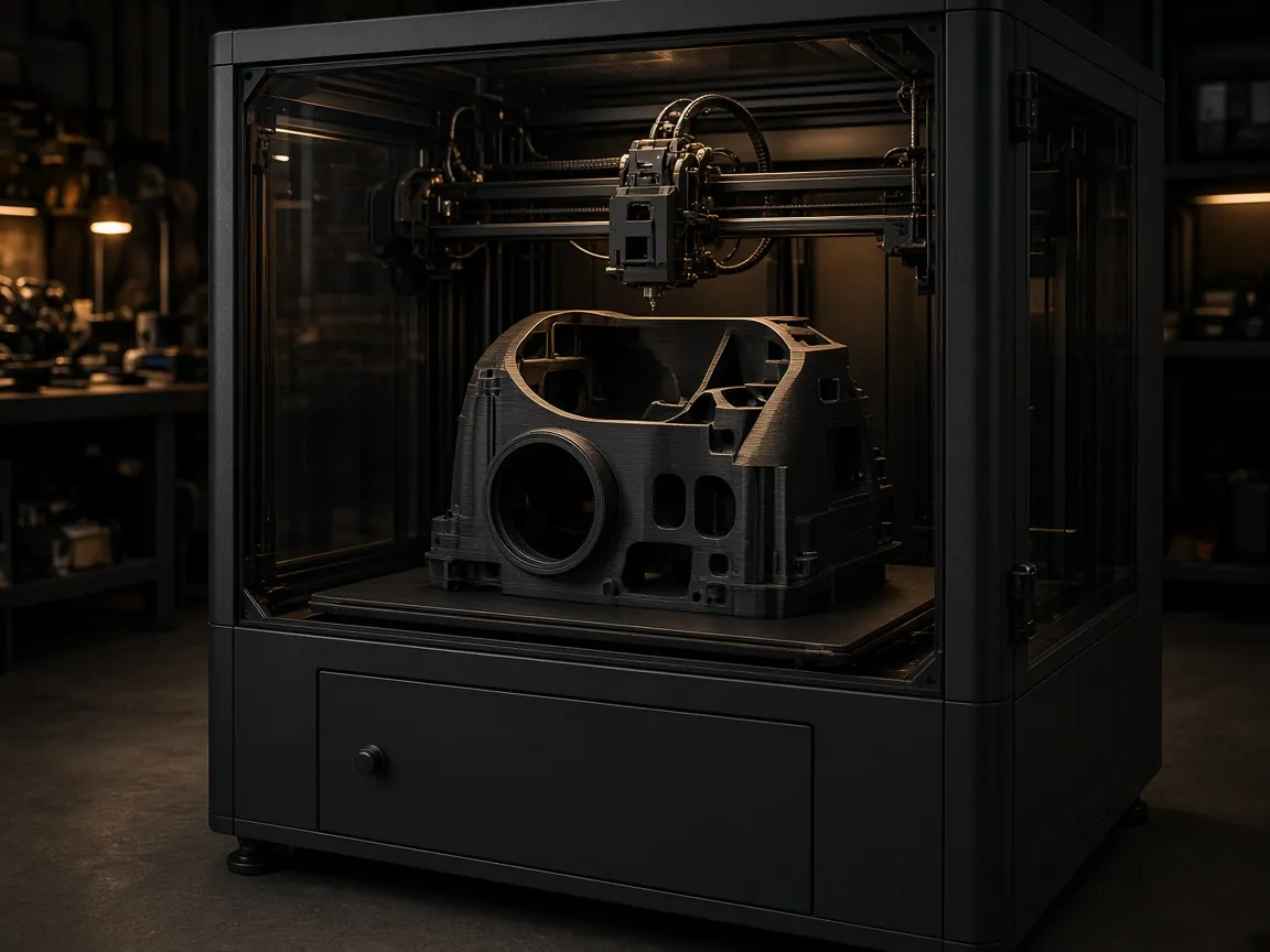 Large-format enclosed FDM 3D printer printing a large engineering housing
