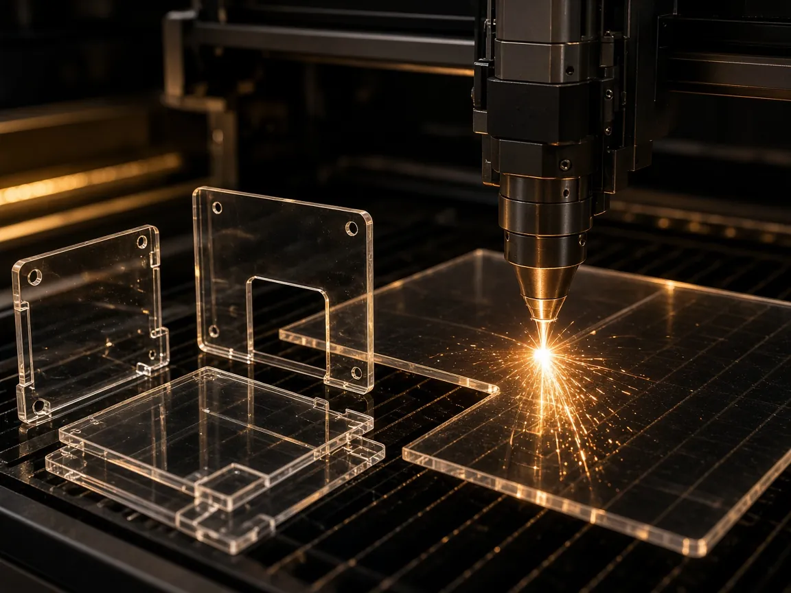 Laser cutter cutting clear acrylic sheet into electronics enclosure panels